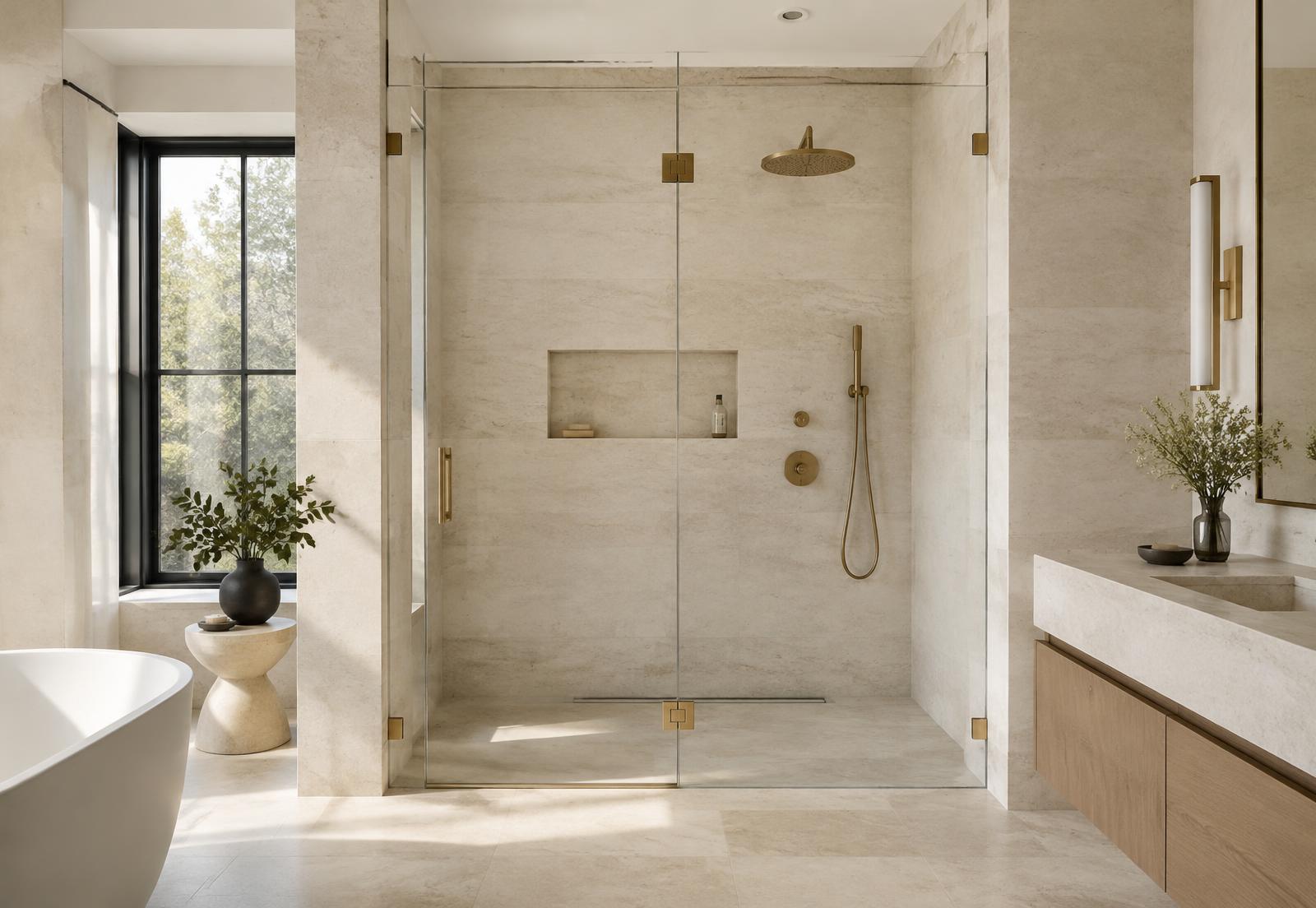 Frameless low-iron glass shower enclosure
